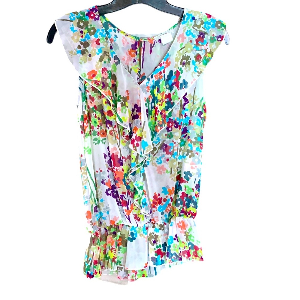 🎉Host Pick🎉 Boutique Floral Sheer Ruffle Peplum Sleeveless Blouse Size Small